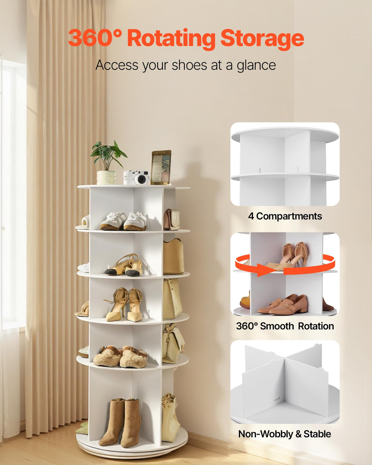 VEVOR 5 Tiers Rotating Shoe Rack Tower, 360° Spinning Shoe Rack, Revolving Storage Round Carousel