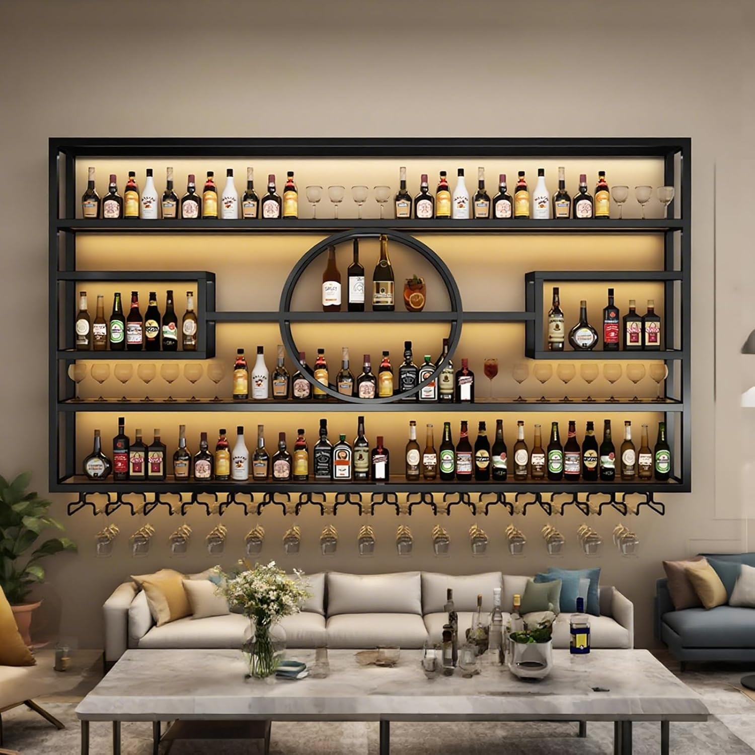 55.1in Wall Mounted Wine Rack, Modern Metal Wine Bottle and Glass Holder, Iron Display Stand