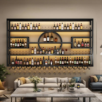 55.1in Wall Mounted Wine Rack, Modern Metal Wine Bottle and Glass Holder, Iron Display Stand