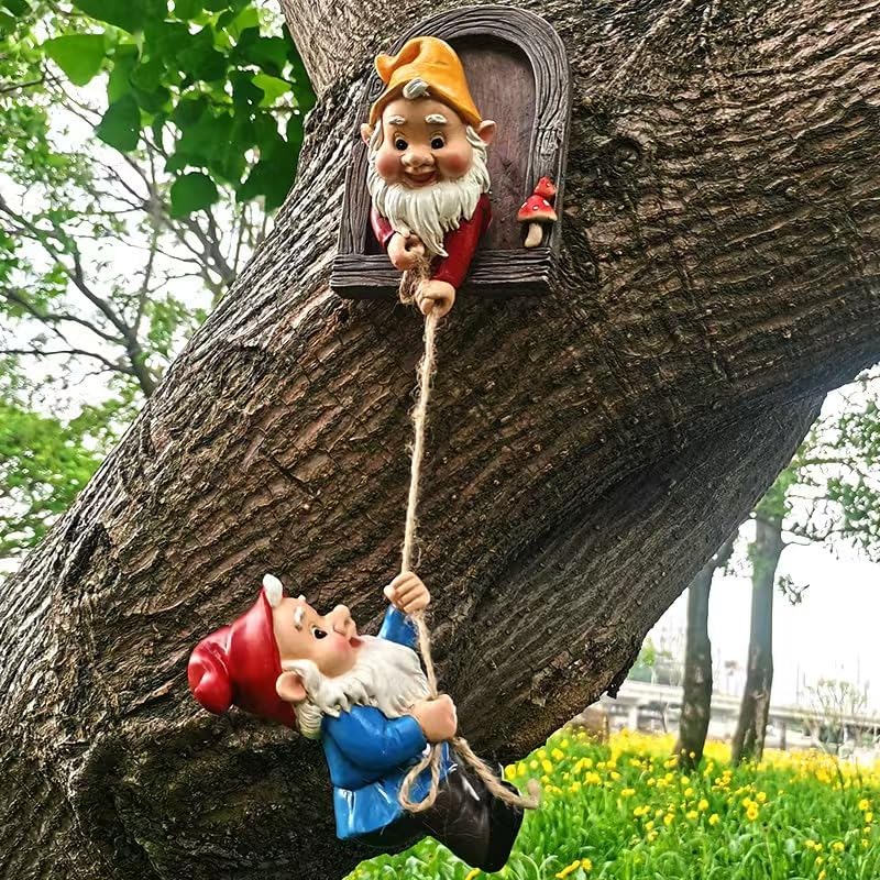 Climbing Gnomes Tree Faces Decor Outdoor for Yard, Adorable Gnome Elf Out Hugger Fairy Door Statue