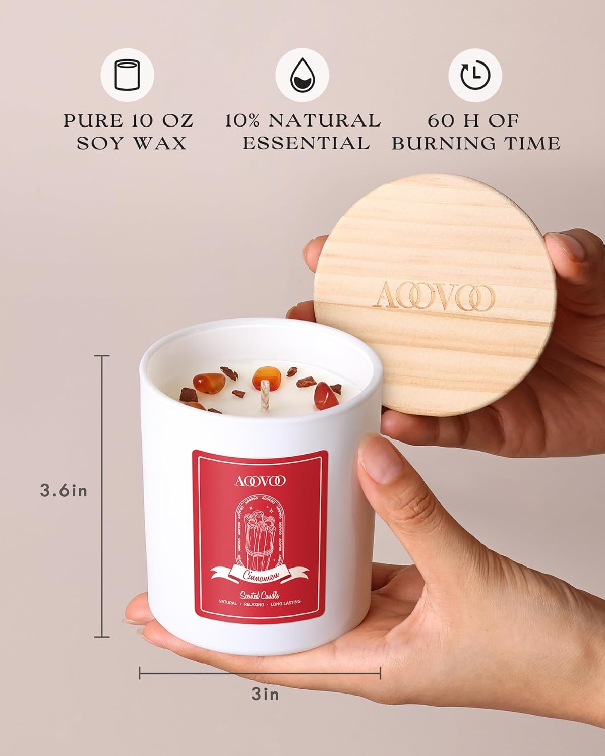AOOVOO Cinnamon Scented Candles for Women - Aromatherapy Candle with Crystals Inside, 10oz Soy