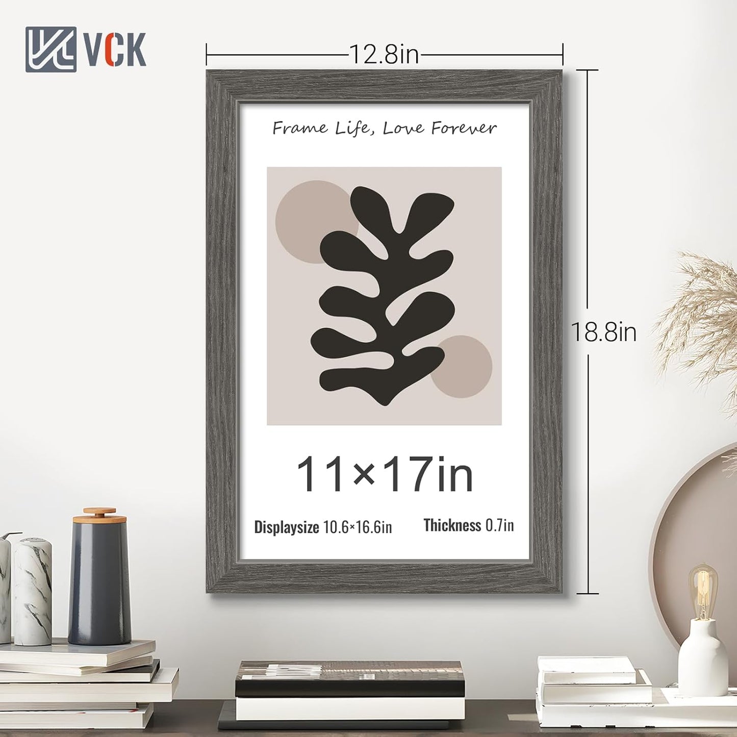 VCK 11x17 Picture Frame 3 Pack, Gray Solid Wood Poster Picture Frame, Exclusive Wood Grain, Wall