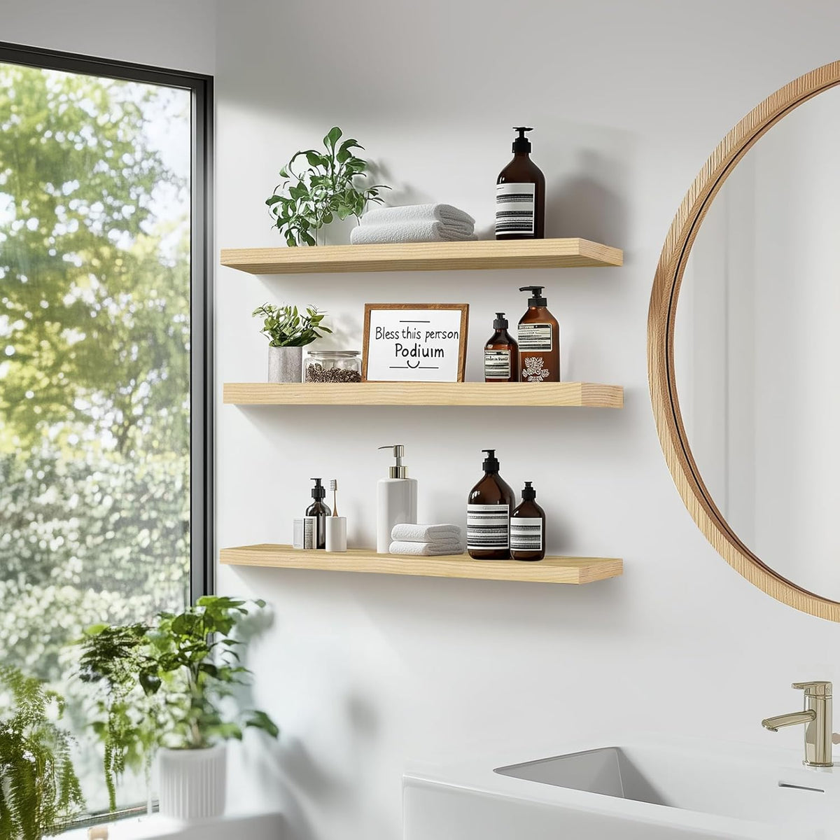 Floating Wall Shelves 3-Pack - 24-Inch Rustic Wooden Shelves for Storage and Décor, Easy