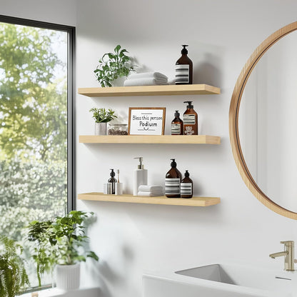 Floating Wall Shelves 3-Pack - 24-Inch Rustic Wooden Shelves for Storage and Décor, Easy