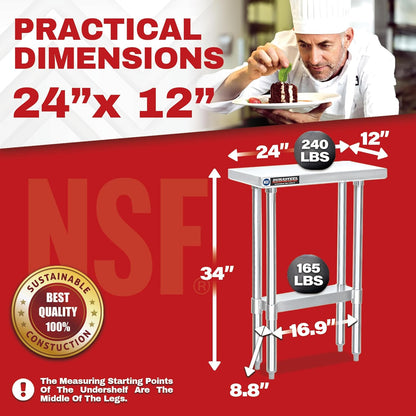 DuraSteel 24x12 Small Stainless Steel Table - NSF Metal Narrow Commercial Food Prep Side Worktable