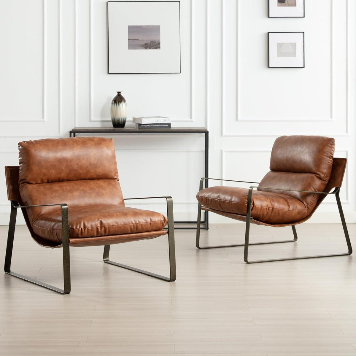DUOMAY Mid-Century Accent Chairs Set of 2, Comfy PU Leather Leisure Chairs Lazy Chairs with Brozen