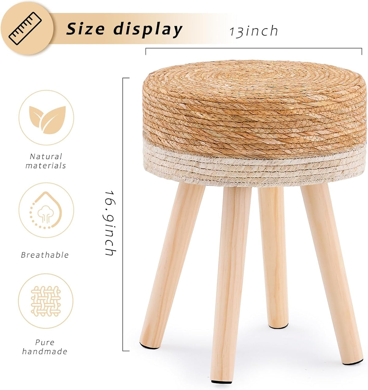 Handwoven Outdoor Ottoman, Water Hyacinth Pouf Round Patio Footstool with Wood Legs, 17-Inch