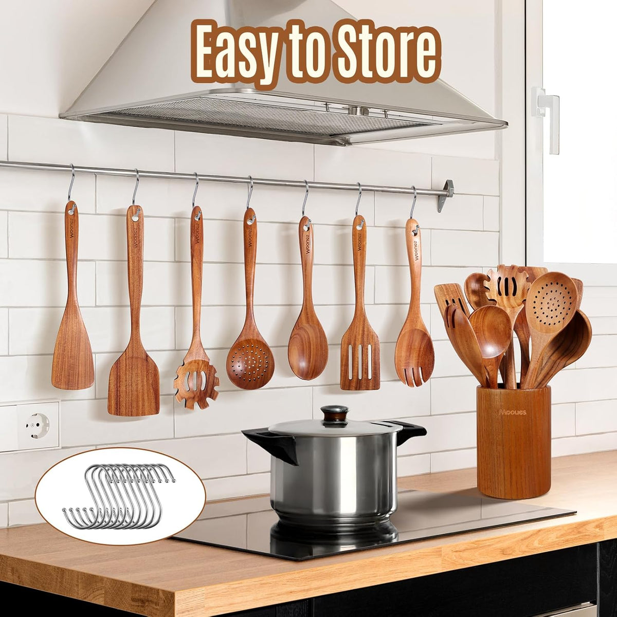 Wooden Spoons for Cooking, 12PCS Teak Wooden Kitchen Utensil Set with Spoon Rest - Smooth Finish