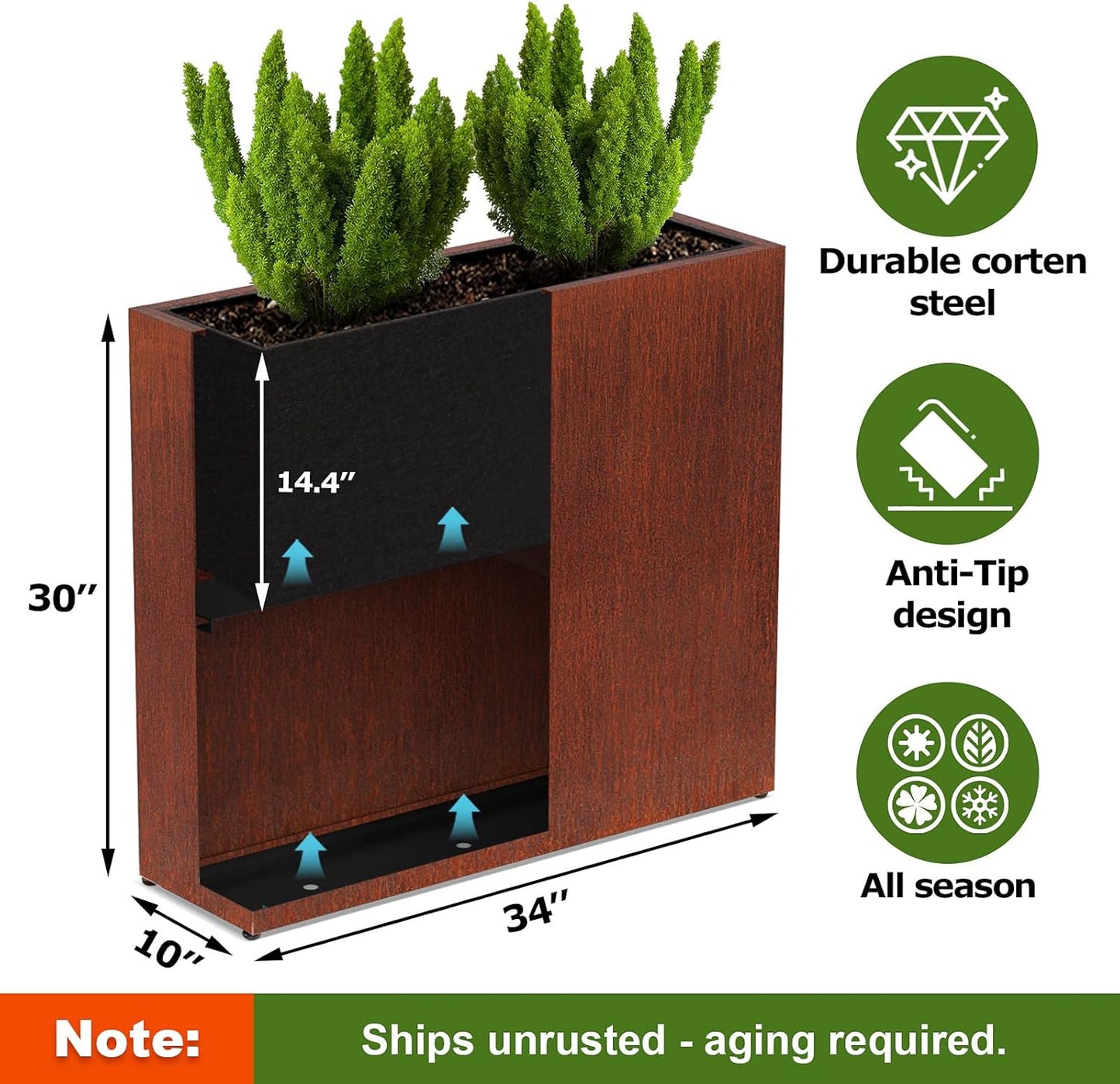 Large Corten Steel Planter Box Outdoor, 30" H x 34" W x 10" D,Tall Rectangular Metal Rusted