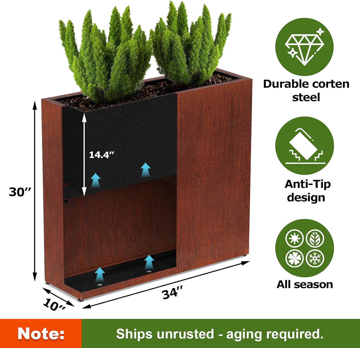 Large Corten Steel Planter Box Outdoor, 30" H x 34" W x 10" D,Tall Rectangular Metal Rusted