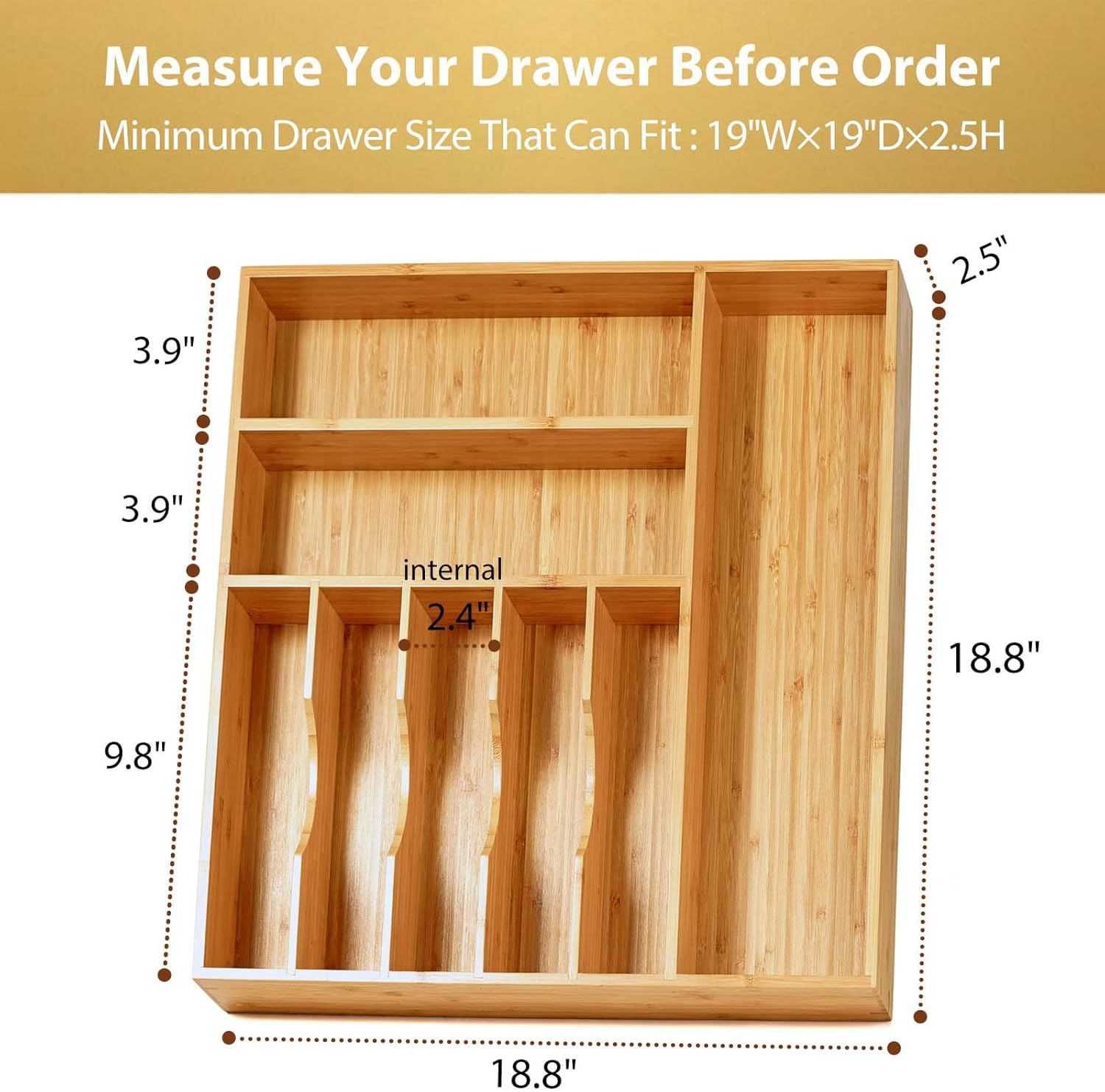 Umilife Large Kitchen Drawer Organizer, 19"x19" Silverware Utensils Organizer, 2.5" High for Large