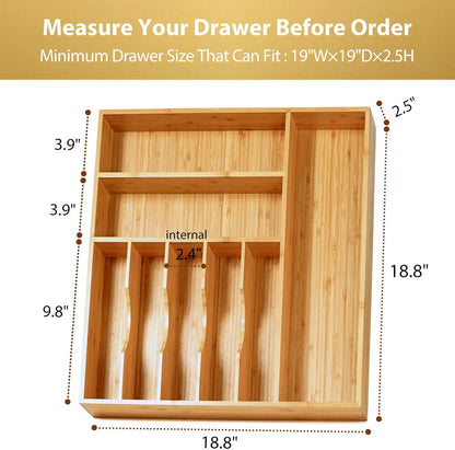 Umilife Large Kitchen Drawer Organizer, 19"x19" Silverware Utensils Organizer, 2.5" High for Large