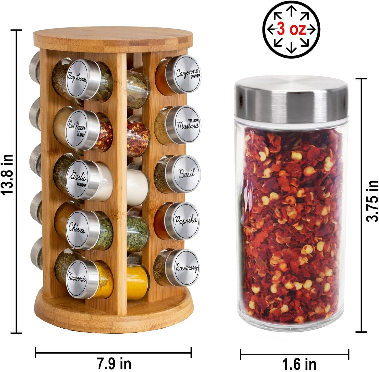 Orii 20 Jar Bamboo Spice Rack with Spices Included - Rotating Tower Organizer for Kitchen Spices