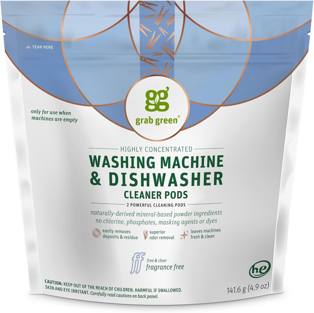 Grab Green Washing Machine Cleaner, 2 Count, Fragrance Free, Mineral Based Removes Deposits and
