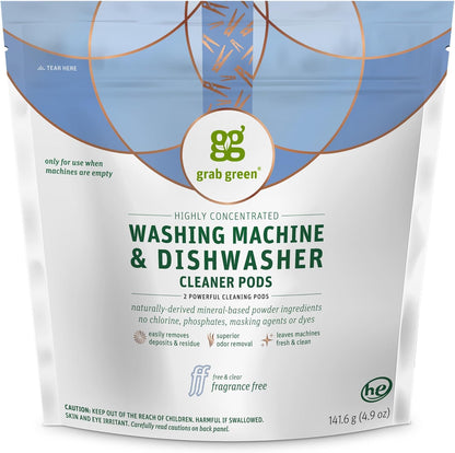 Grab Green Washing Machine Cleaner, 2 Count, Fragrance Free, Mineral Based Removes Deposits and