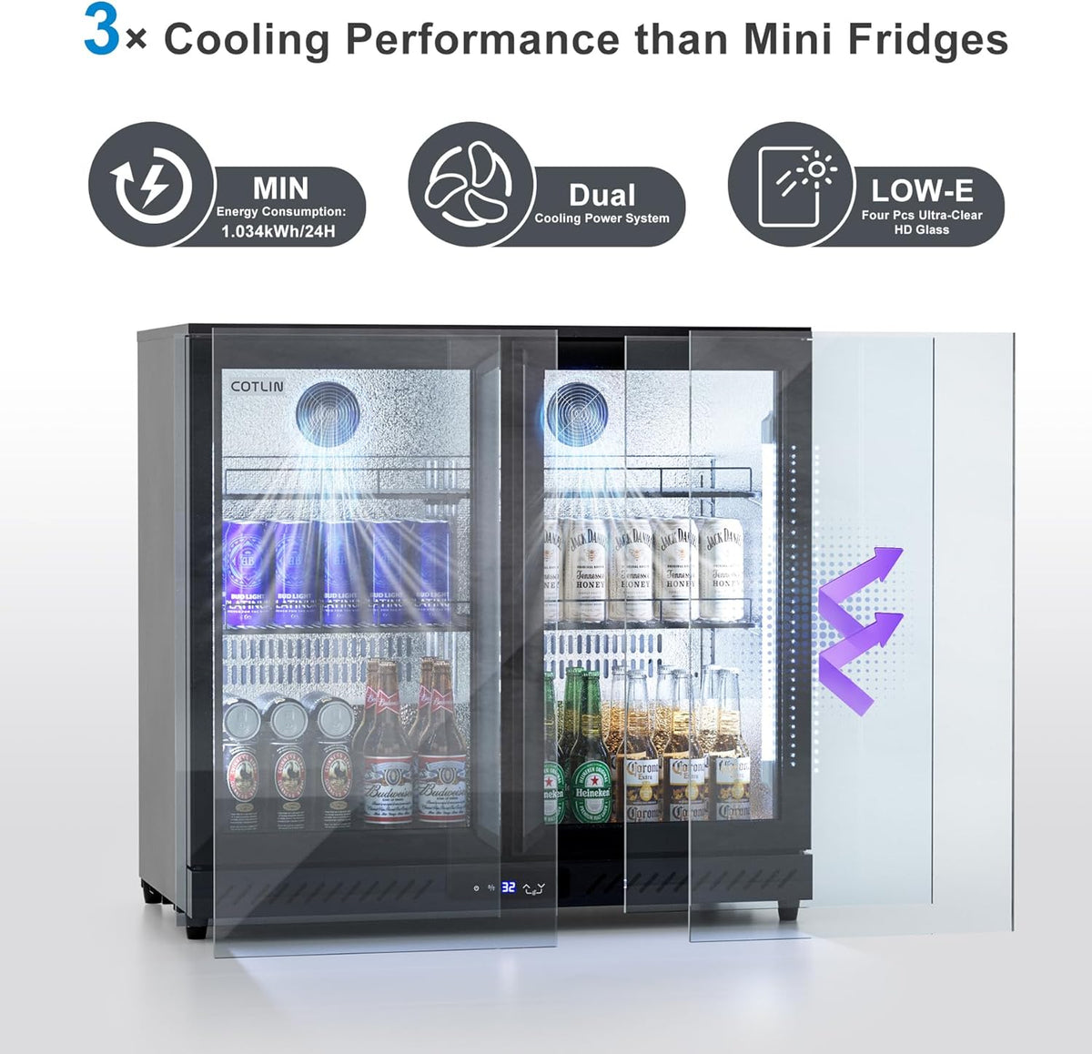 COTLIN 36" W Back Bar Cooler Beer Fridge Undercounter Refrigerator with LOW-E Glass Free Standing