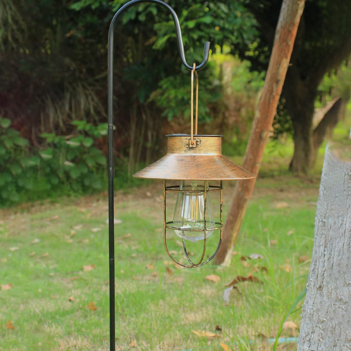2 Pack Solar Lanterns, Outdoor Hanging Lights Metal with Shepherd Hook Warm White Edison Bulb