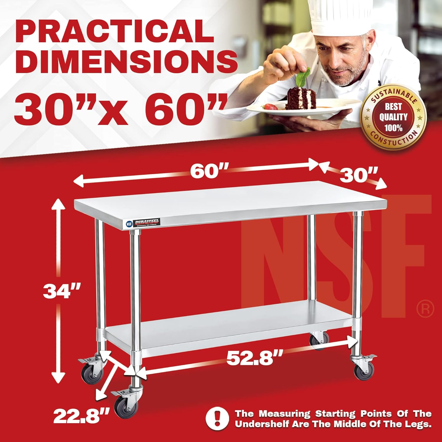 DuraSteel 30x60 NSF Stainless Steel Cart - Heavy Duty Food Prep Table with Undershelf - Rolling