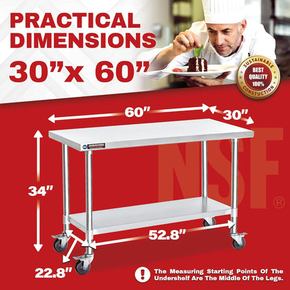 DuraSteel 30x60 NSF Stainless Steel Cart - Heavy Duty Food Prep Table with Undershelf - Rolling