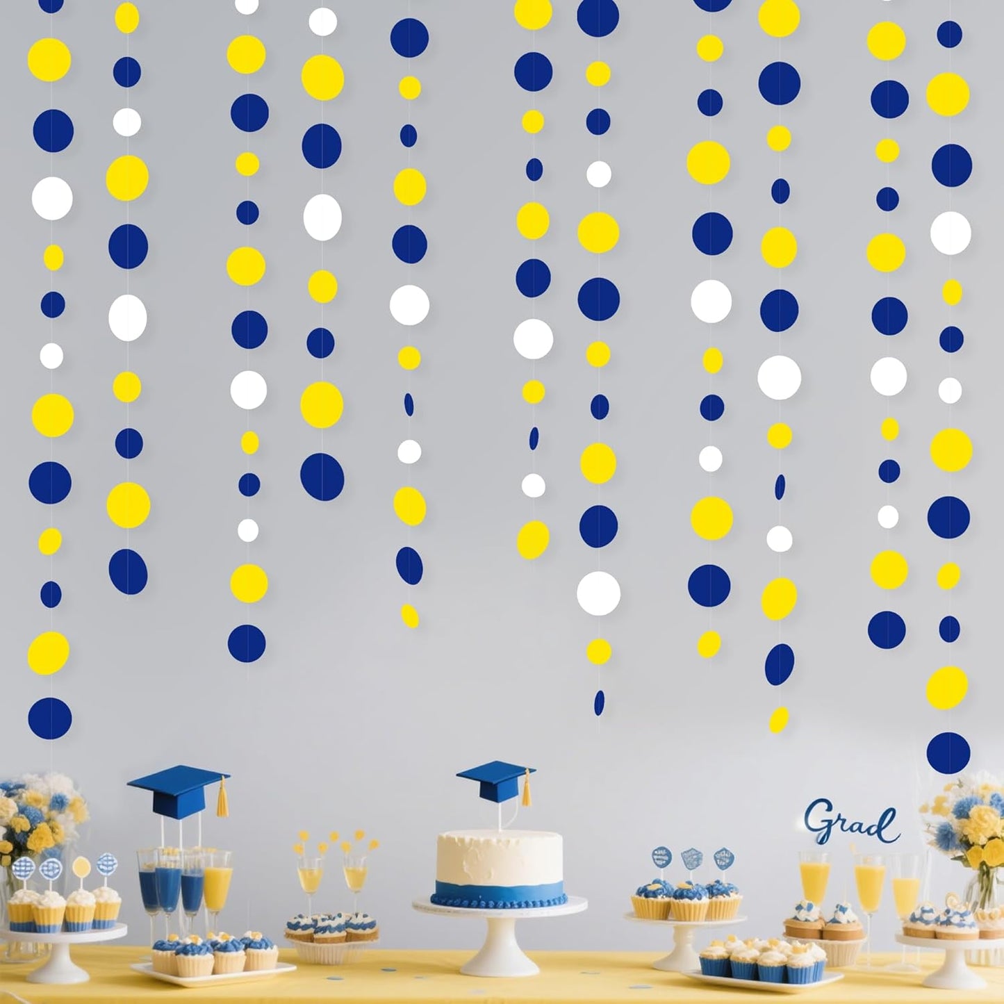 46Ft Navy Blue and Yellow Circle Dots Garland Royal Blue Yellow White Hanging Paper Polka Dot