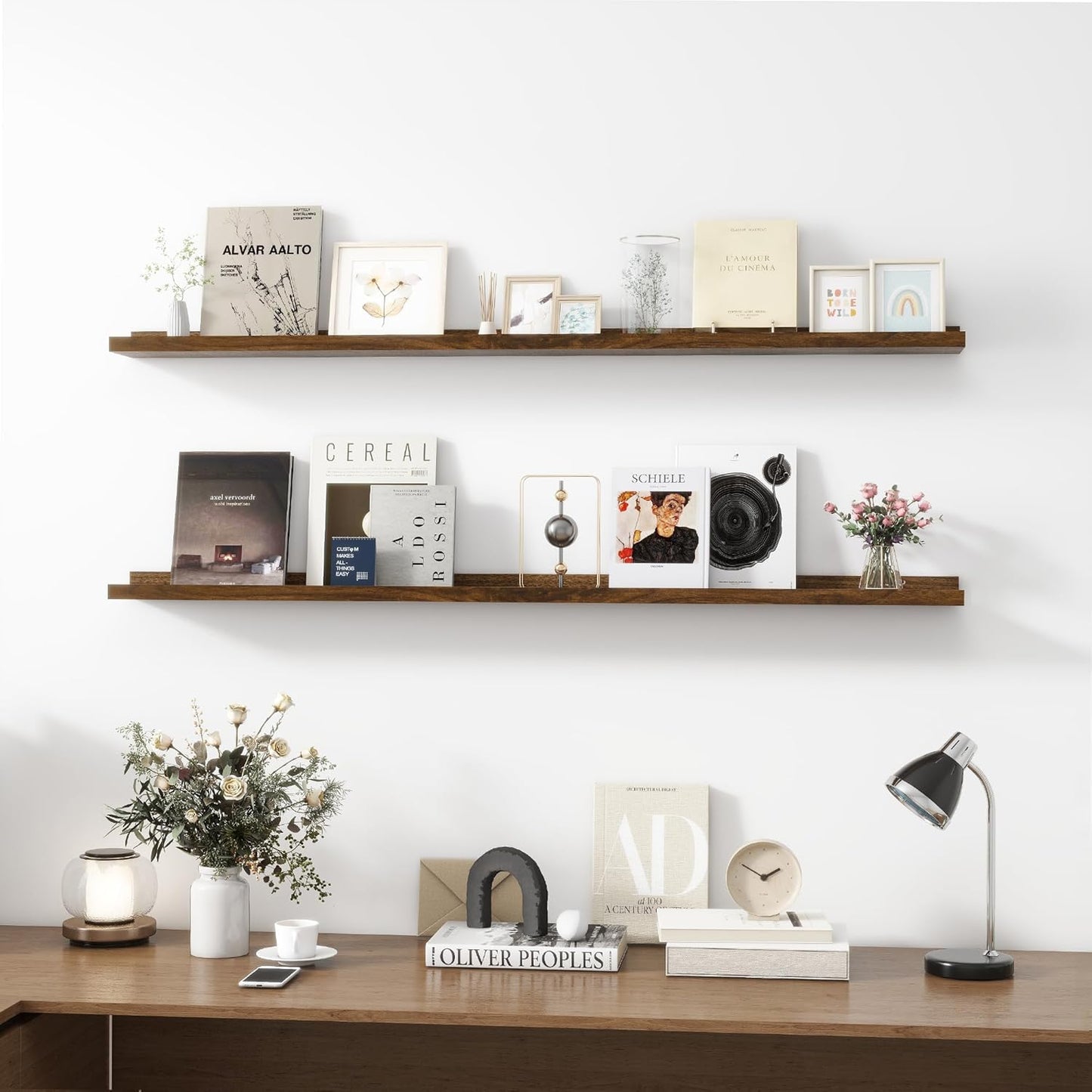 Picture Ledge Shelf, Wood Long Floating Shelves for Wall, Set of 2, 56 inch Picture Ledge Shelves