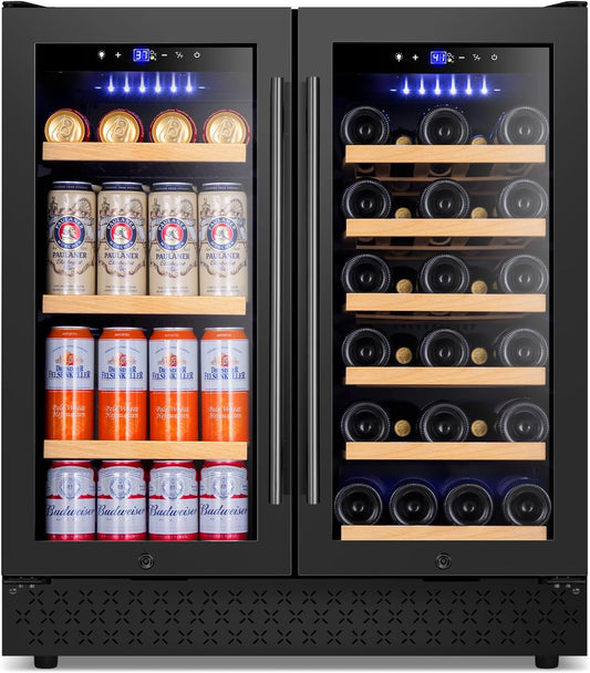 Tylza 30 Inch Wine and Beverage Refrigerator, Dual Zone Wine Beverage Cooler 30" with French Door