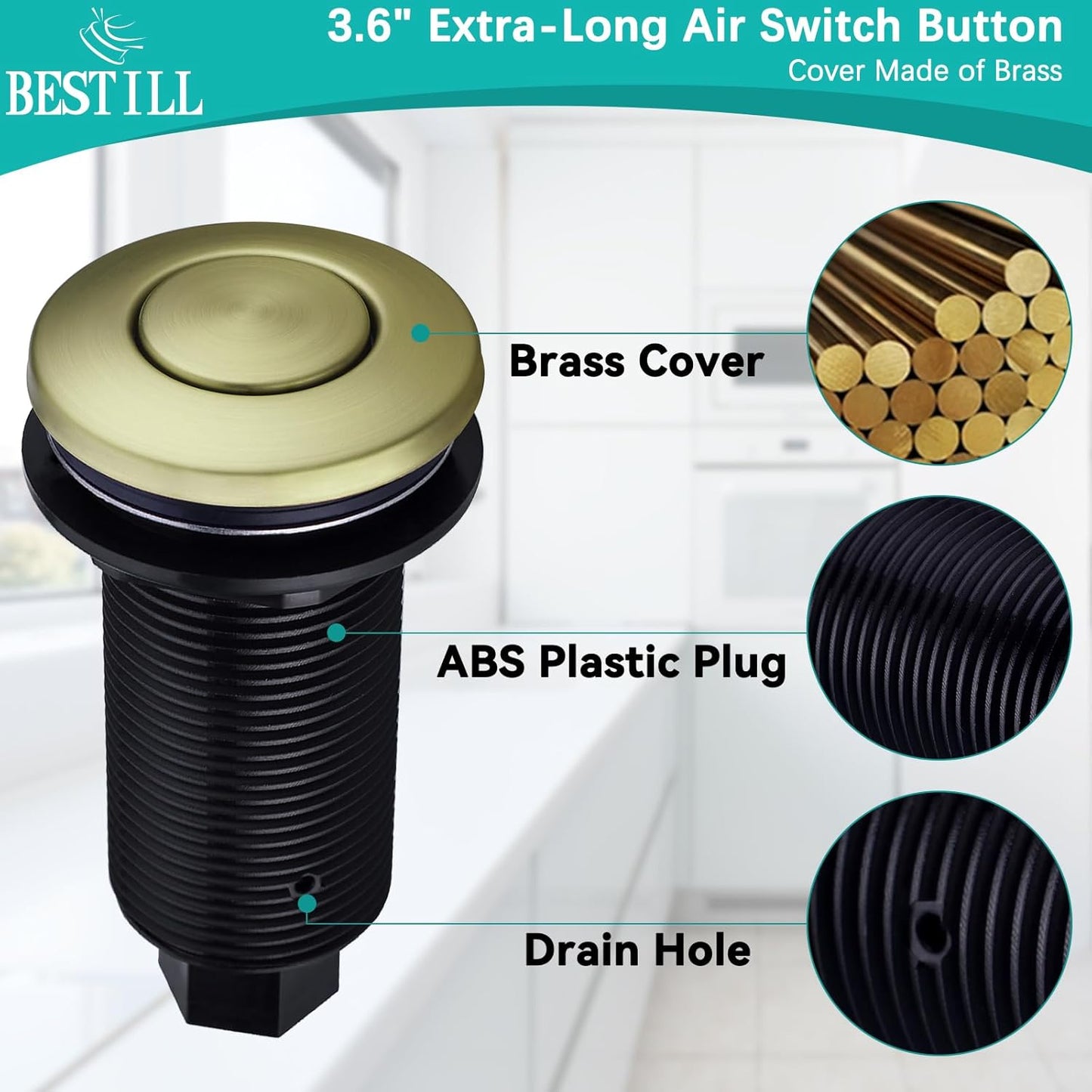 BESTILL Garbage Disposal Air Switch Kit - Brushed Gold Garbage Disposals Button, 3.6” Long Sink Top