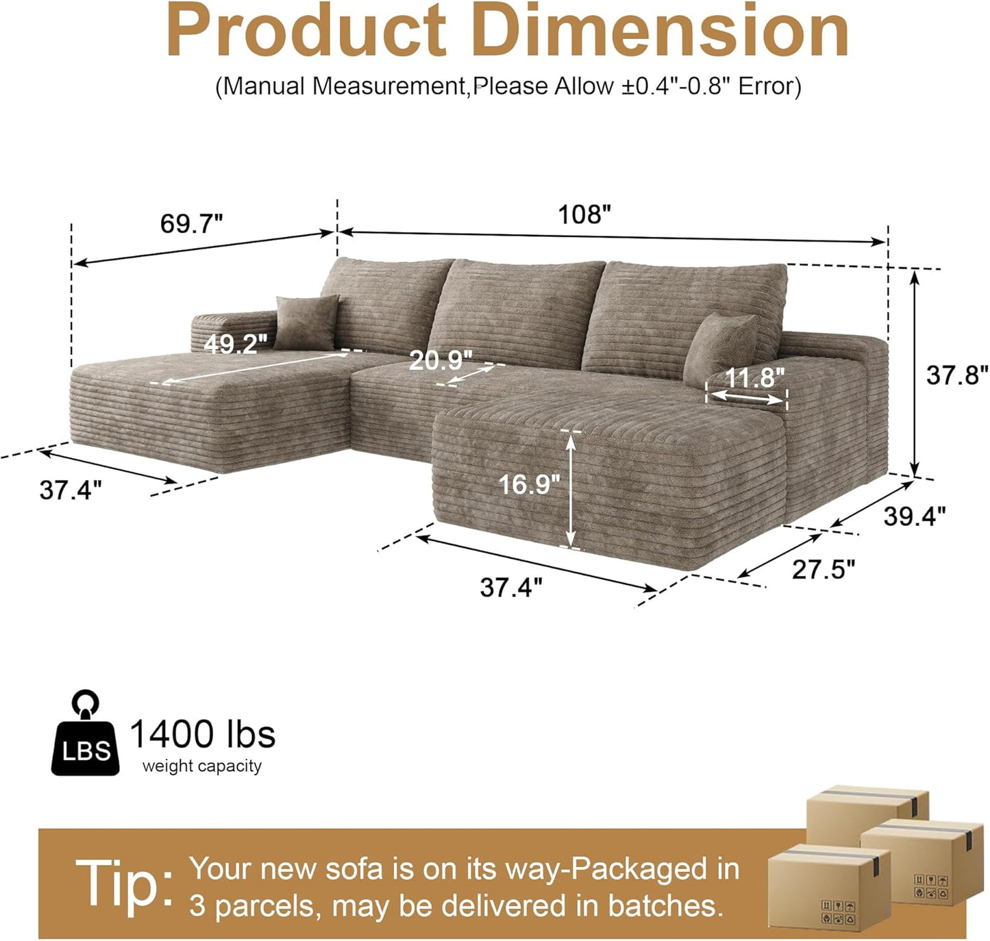 108" Sectional Couches for Living Room Modern Modular Sofa with L-Shape Couchs Upholstered Boneless