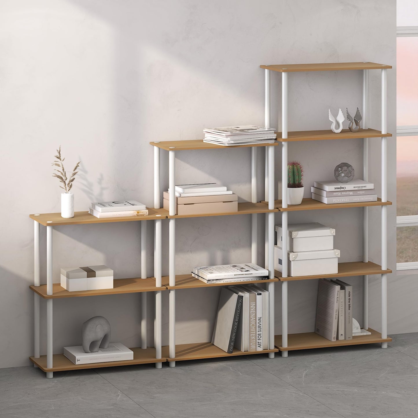 Furinno Turn-N-Tube Storage Shelves, 4-Tier Book Shelf, Corner Shelf, Toolless Open Shelves, for