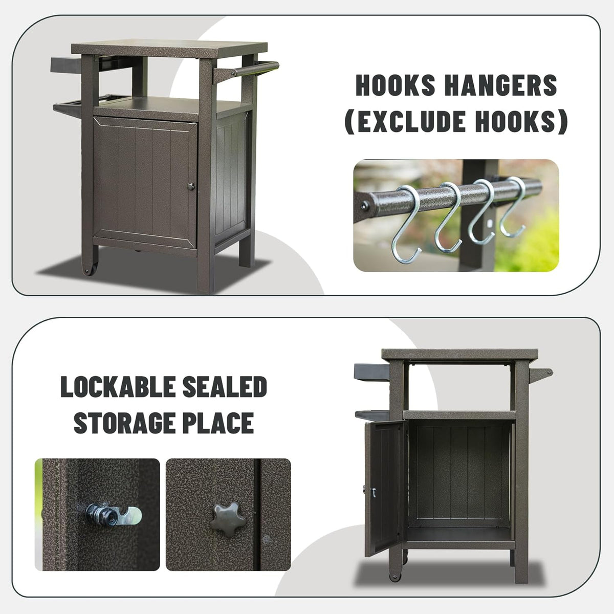 Domi Grill Carts Outdoor with Storage and Wheels, Whole Metal Portable Table and Storage Cabinet