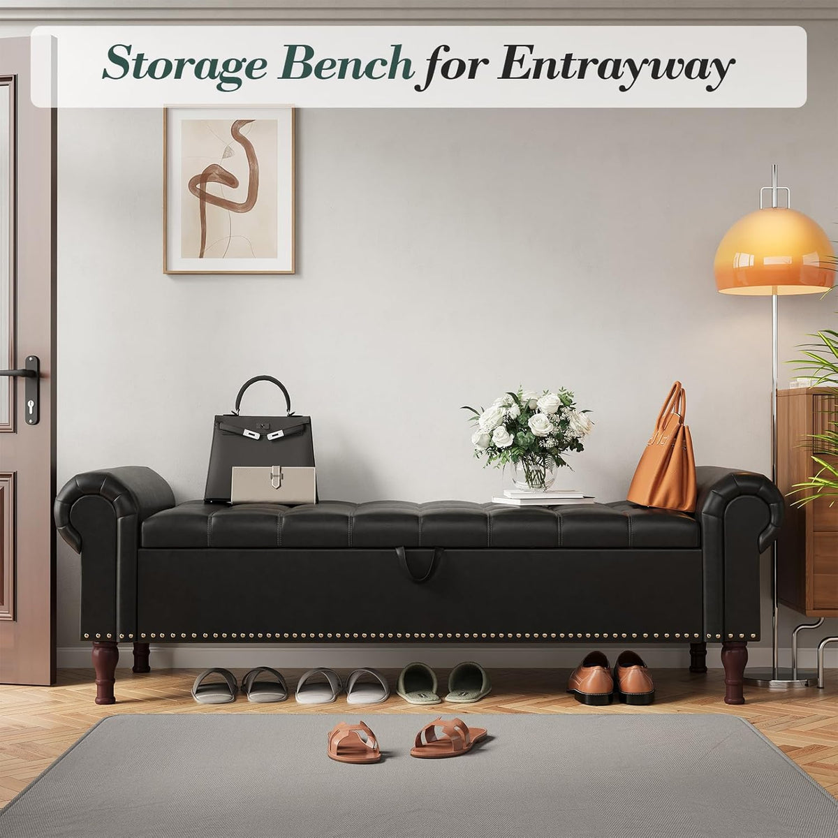 Apicizon 60”Storage Benches, Queen Size Faux Leather Bed Bench with Tufted Button, Upholstered