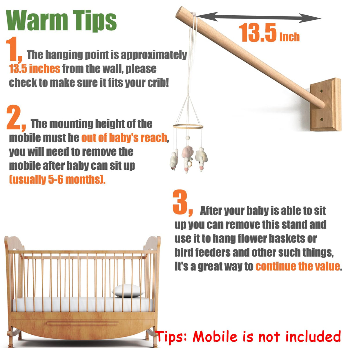Crib Mobile Wooden Arm, Wall Mounted Suitable for All Cribs 100% Natural Larch Hanger Nusery Decor
