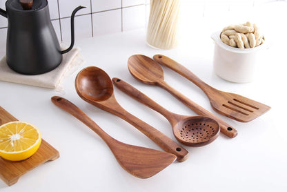 Wooden Spoons for Cooking, Cooking Utensils Set of 6 Natural Teak Wooden Cooking Spatulas with