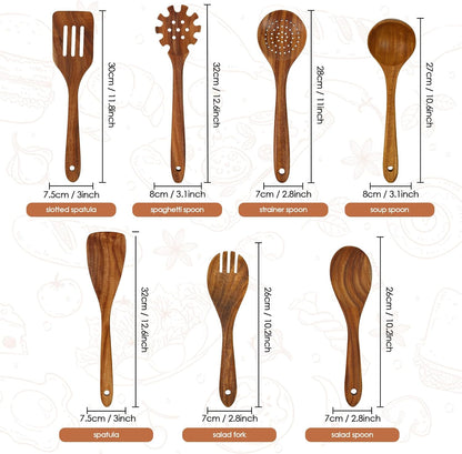 comfoyar Teak Wooden Spoons for Cooking, 7 Pieces Kitchen Cooking Utenails Set with Spatula and