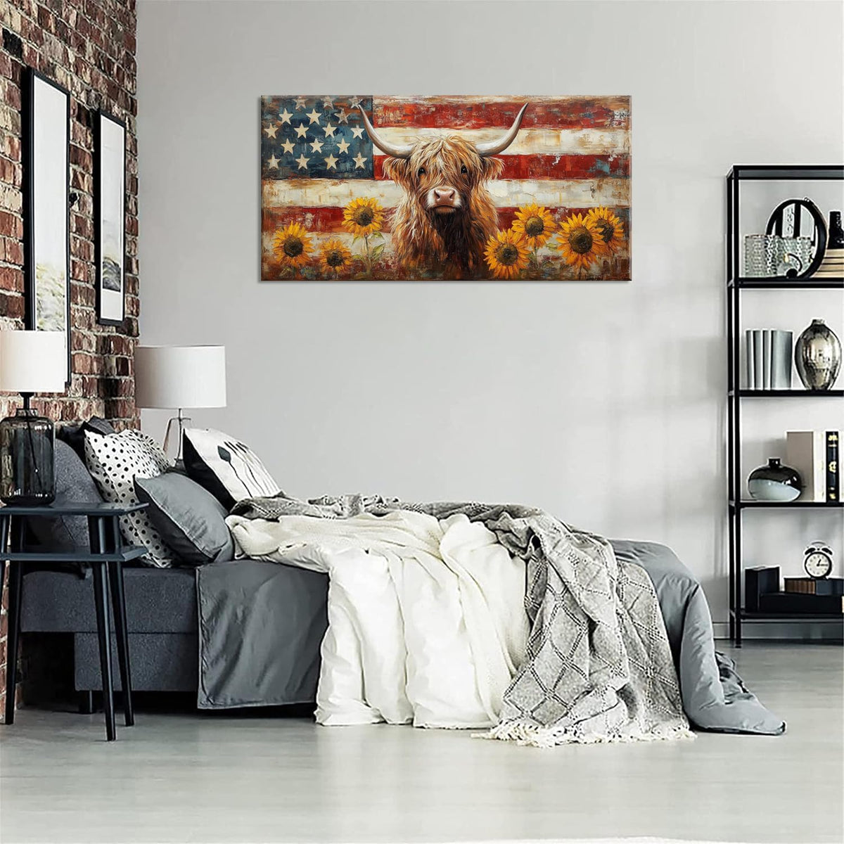 LASMOND Country Highland Cow Wall Art for Living Room Rustic Retro Vintage American Flag Sunflower