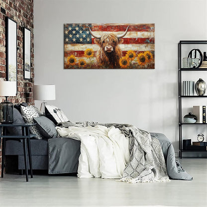 LASMOND Country Highland Cow Wall Art for Living Room Rustic Retro Vintage American Flag Sunflower