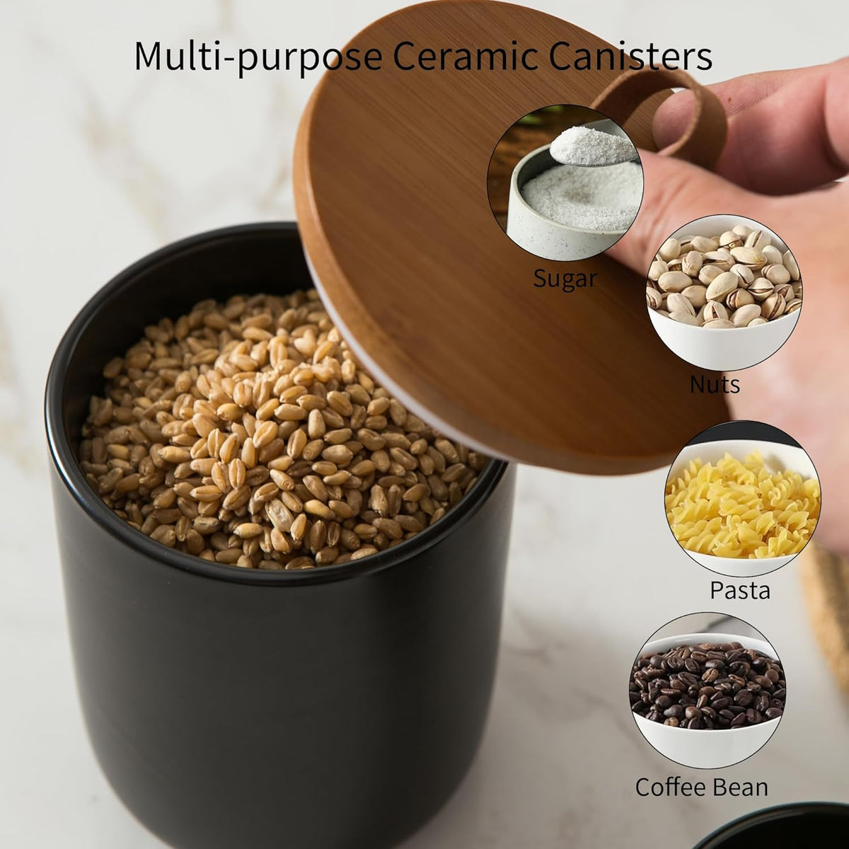 Black Ceramic Canister Set, 3pcs Ceramic Kitchen Canisters for Countertop with Airtight Wood Lids
