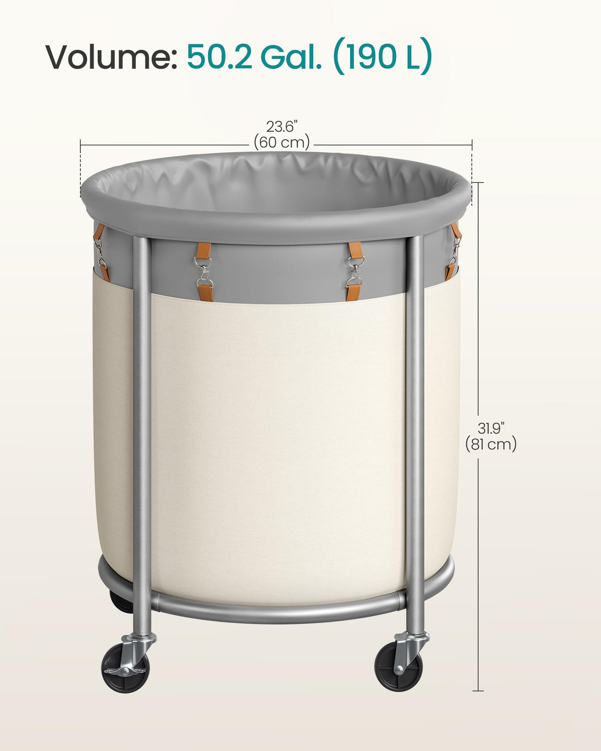 SONGMICS Laundry Basket, Rolling Steel Frame with 2 Locking Wheels, 190 L