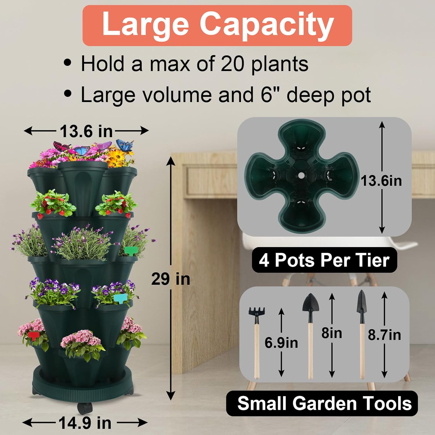 DUNCHATY Stackable Planter, Vertical Strawberry Planter with Garen Tool Set, Indoor/Outdoor 5 Tier
