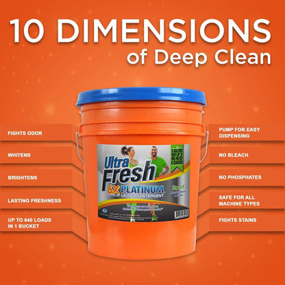 Ultra Fresh 5 Gallon Liquid Laundry Detergent Washing Soap for All Machine Types, 6X Platinum, Up