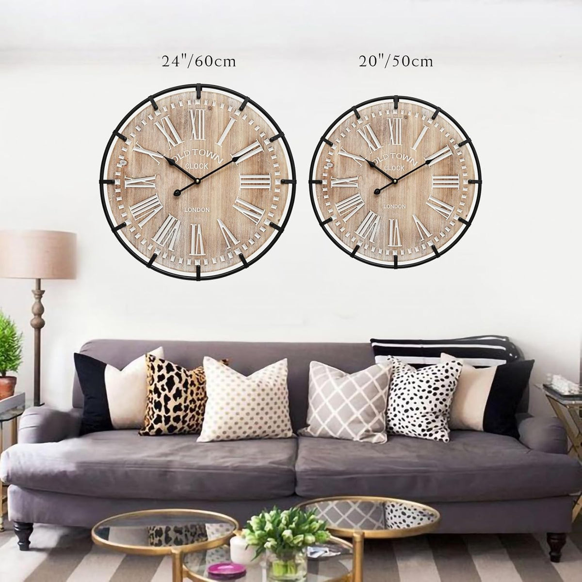 20 Inch Large Farmhouse Wall Clock, Rustic Antique Wood with Metal Circle and Large Engraved