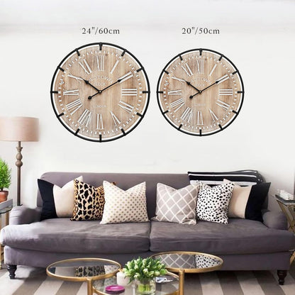20 Inch Large Farmhouse Wall Clock, Rustic Antique Wood with Metal Circle and Large Engraved