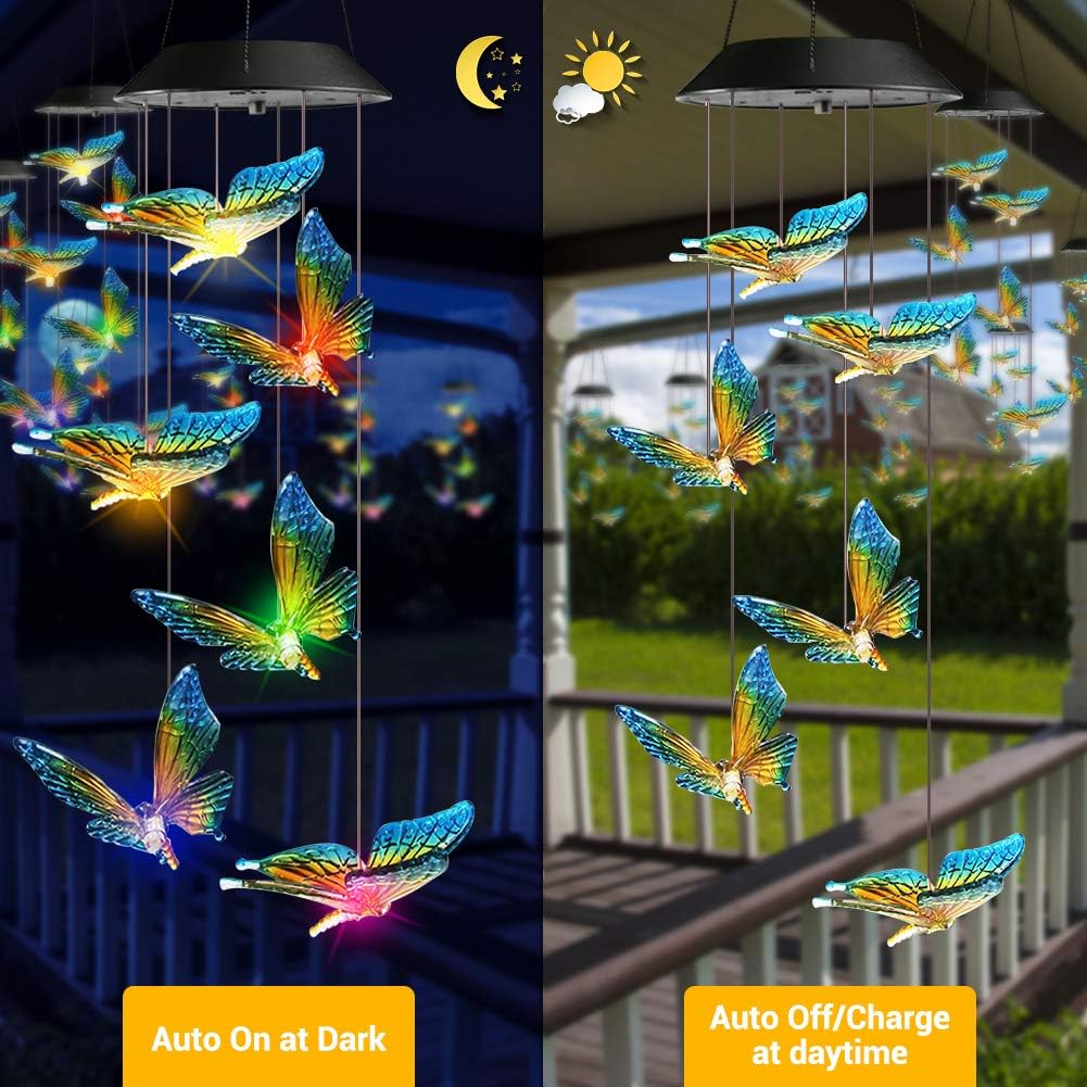 Toodour Solar Wind Chime, Color Changing Wind Chimes Butterfly, LED Decorative Mobile, Gifts for