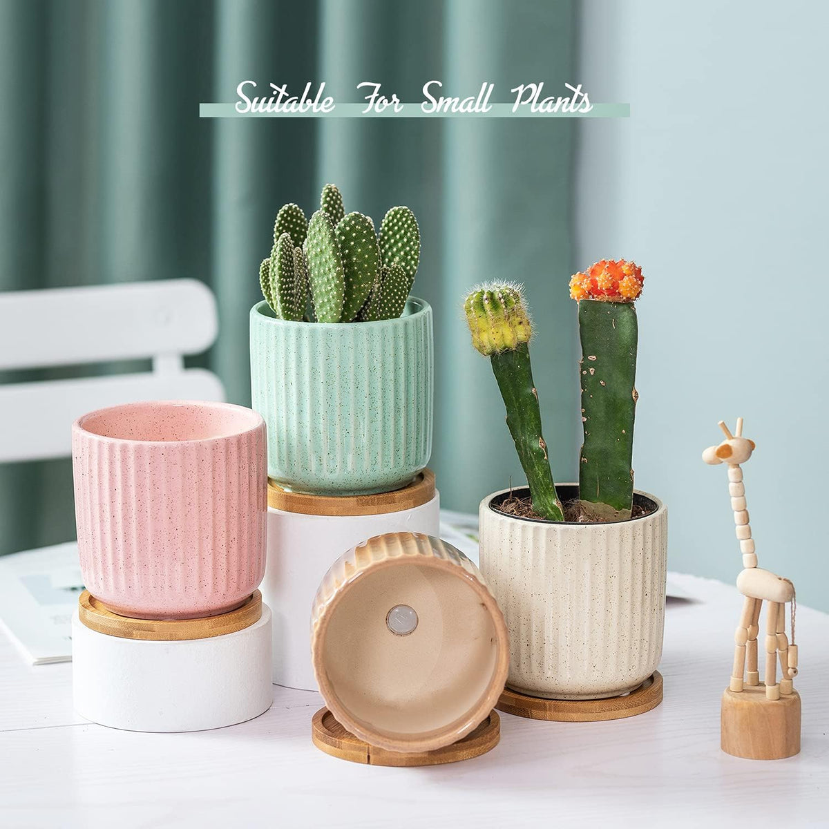 TAMAYKIM 4 Inch Cylinder Ceramic Boho Plant Pots with Drainage Hole and Saucer, Glazed Multicolor