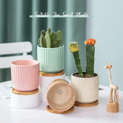 TAMAYKIM 4 Inch Cylinder Ceramic Boho Plant Pots with Drainage Hole and Saucer, Glazed Multicolor