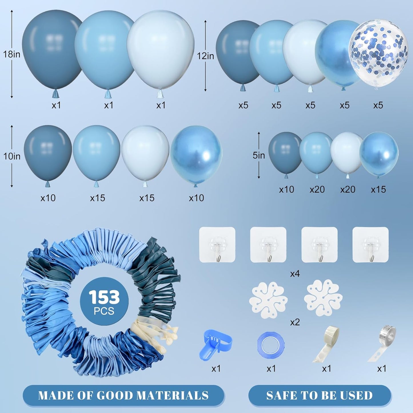 Amandir 153pcs Blue Balloon Garland Arch Kit, Different Sizes 18 12 10 5 inch Latex Metallic