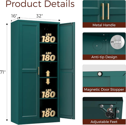 71" Metal Pantry Cabinet, Tall Kitchen Pantry Storage Cabinet with 4 Adjustable Shelves and Gold