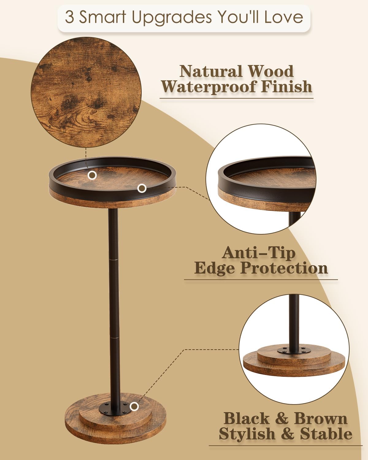 Masupu Drink Table, Round Side Table for Small Spaces, Pedestal Small End Table with Metal Base