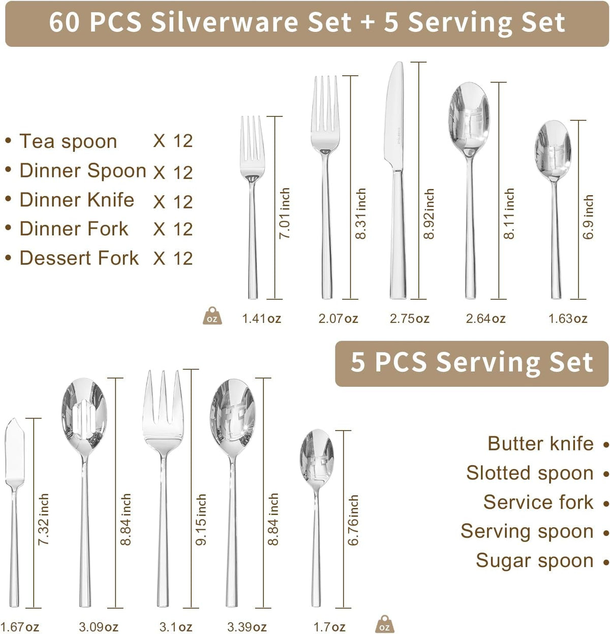 KINGSTONE Silverware Set with Serving Utensils, 65-Piece Forged Flatware Set Cutlery Set Premium