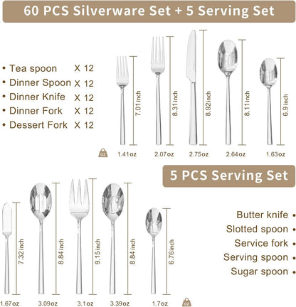 KINGSTONE Silverware Set with Serving Utensils, 65-Piece Forged Flatware Set Cutlery Set Premium